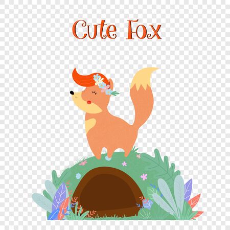 Cute fox in flower wreath stand on foxhole isolated on transparent background, sweet animal print for kids design. Cartoon flat vector hand drawn illustration, scandinavian style, icon, clip artのイラスト素材