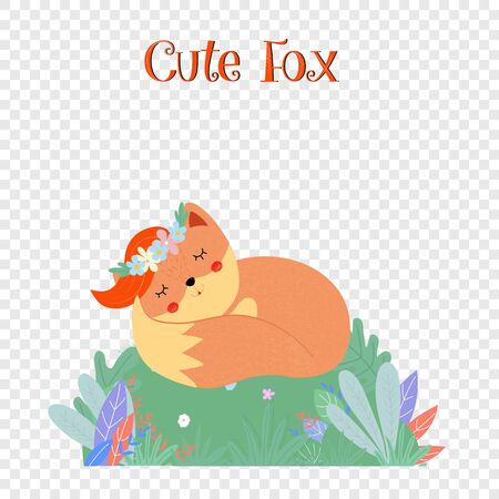 Cute fox in floral wreath sleeping on green field isolated on transparent background, woodland doodle animal, foxy life Cartoon flat vector hand drawn illustration, scandinavian style, icon, clip artのイラスト素材