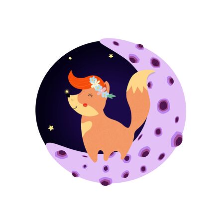 Cute fox in flower wreath ginger forelock stand on moon in night sky with glowing star on nose, good night for baby. Cartoon flat vector hand drawn illustration, scandinavian style, icon, clip artのイラスト素材