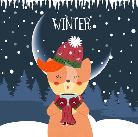 Cute winter fox drinking hot tea. Kawai baby fox on scarf, hat and mittens holding cup with hot beverage on night snow forest background. Cartoon flat vector hand drawn illustration scandinavian styleのイラスト素材