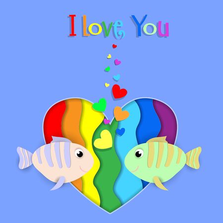 I love you paper cut fish couple flow on rainbow heart background with heart shaped bubbles. Lgbt gay lesbian pride Happy Saint Valentines Day Greeting card with typography. 3d Vector Illustrationのイラスト素材