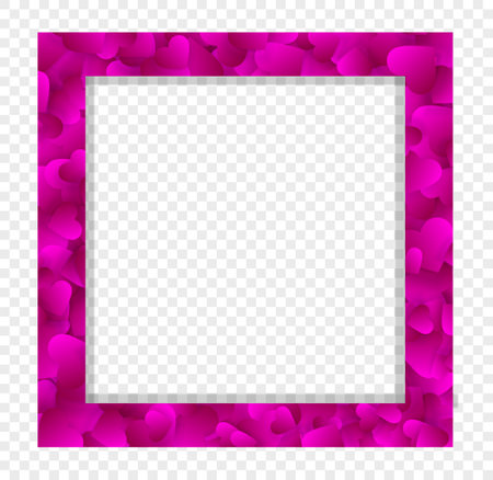 Heart frame vector love border with pink petals, hearts or confetti. Valentine day wedding invitation or cover design with copy space, photo frame isolated on transparent background, square templateのイラスト素材