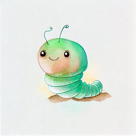 Cute caterpillar watercolor character, cartoon worm, green funny smiling garden insect, lovely bug with big eyes. Baby pest character children book illustration. Adorable kawaii larva, animalの写真素材
