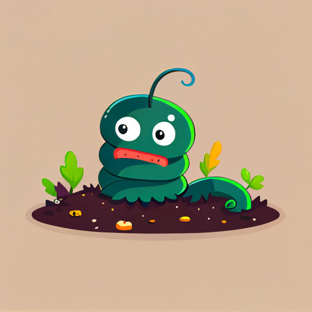 Cute worm character, cartoon green caterpillar, cute earthworm grub, larva, funny insect on compost or soil pile. Garden animal, adorable kawaii pest crawl, larva, bug flat 2d minimal illustrationの写真素材