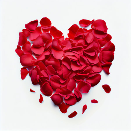 heart made of red 3D realistic rose petals, isolated fresh rose blooms, symbol of love for Valentine celebration. Beautiful background for wedding invitation, dating or greeting card with red petalsの写真素材