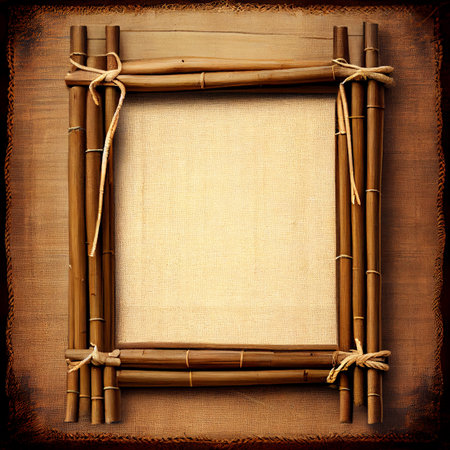 Bamboo frame with burlap canvas, border of wooden brown sticks tied with ropes of square or rectangular shape. Japanese or jungle style realistic 3d empty banner, photoframe or signboard designの写真素材