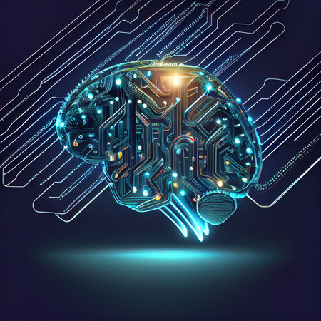 Digital brain with computer circuit board on blue background. Abstract technology, psychology,...