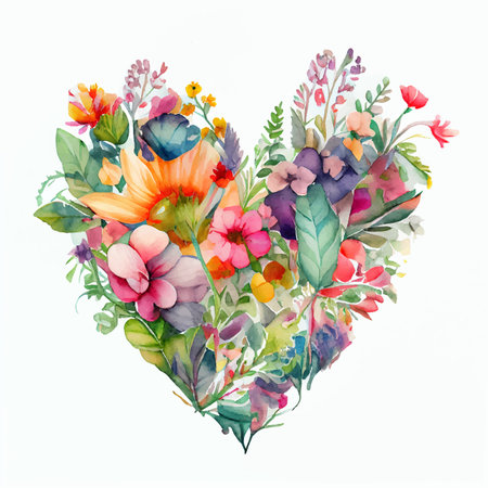 Flower heart shape, watercolor wildflowers, Valentine's Day heart adorned with plethora of colorful and beautiful blooms, template for wedding invitation or greeting card. Floral vintage love symbolの写真素材
