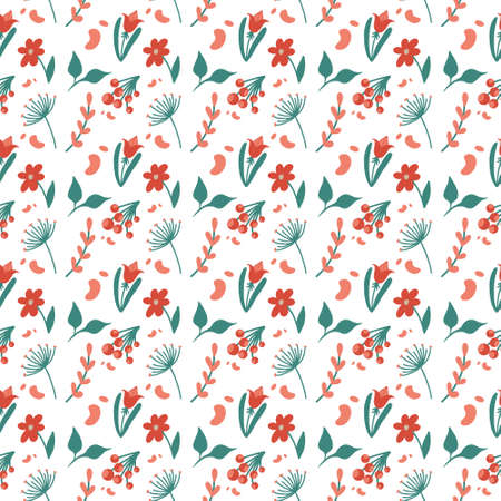 seamless pattern of flowers, leaves and berriesのイラスト素材