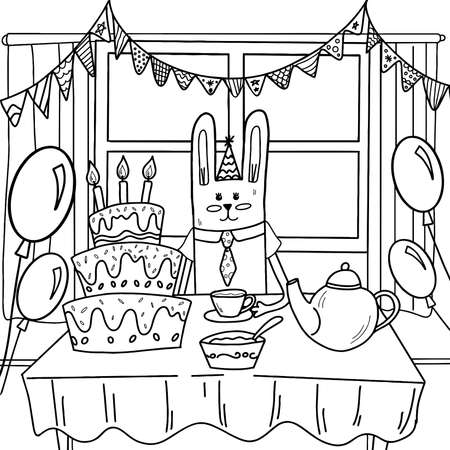 Coloring book with a bunny at a birthday partyのイラスト素材