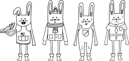 Set of bunnies black and white in clothesのイラスト素材