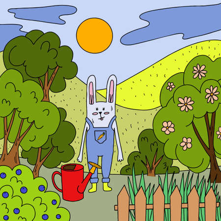 Picture of a baby bunny working in the garden. Vector illustrationのイラスト素材
