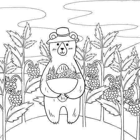 Coloring book bear collects raspberriesのイラスト素材