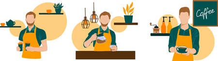 a set of illustrations of a barista making coffeeのイラスト素材