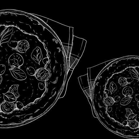 outline of pizza margarita on a dark backgroundのイラスト素材