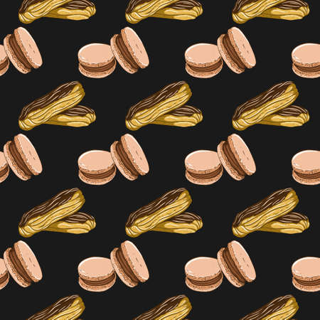 Eclairs and macaroons pattern on a dark backgroundのイラスト素材