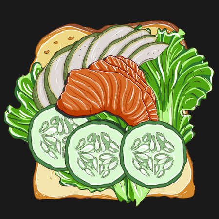 Sandwich with red fish, cucumber and lettuce leafのイラスト素材