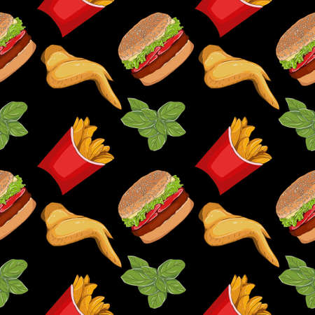Chicken, burger and French fries patternのイラスト素材