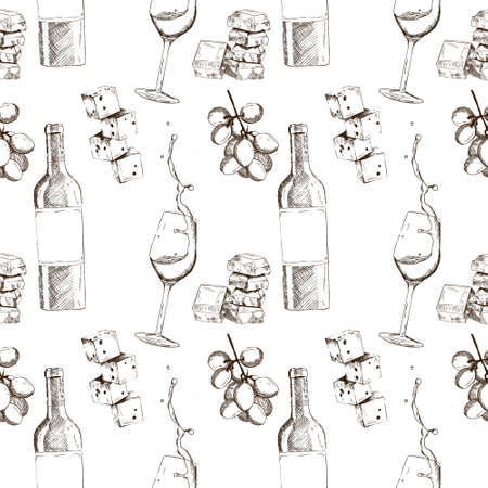 Sketch-style pattern with a bottle of wine and snacksのイラスト素材