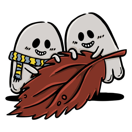 Little ghosts hiding behind an autumn leafのイラスト素材