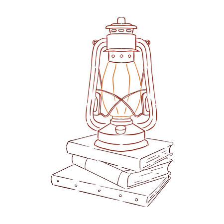 Illustration outline of an antique lantern on a stack of booksのイラスト素材