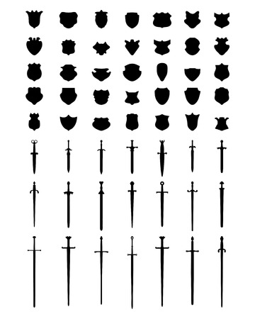 Black silhouettes of  shields and swordsのイラスト素材