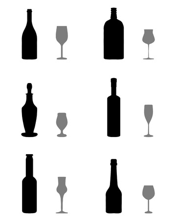 Black silhouettes of glasses and bottles on a white backgroundのイラスト素材