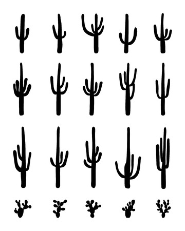 Black silhouettes of different cactus on a white backgroundのイラスト素材