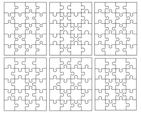 Vector illustration of six different white puzzles, separate piecesのイラスト素材