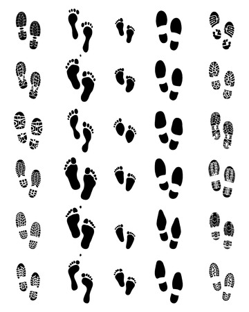 Black prints of shoes and human feet on a white backgroundのイラスト素材