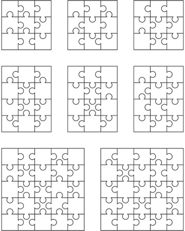 Vector illustration of eight different white puzzles, separate piecesのイラスト素材