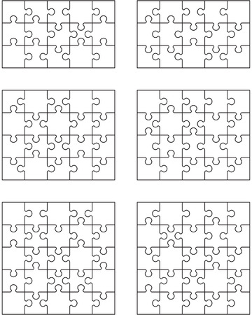 Vector illustration of six different white puzzles, separate piecesのイラスト素材