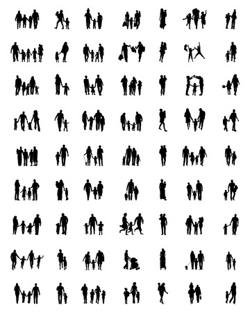 Black silhouettes of families in walking on white backgroundのイラスト素材