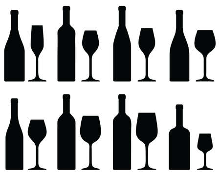 Black silhouettes of wine bottles and glasses on a white backgroundのイラスト素材