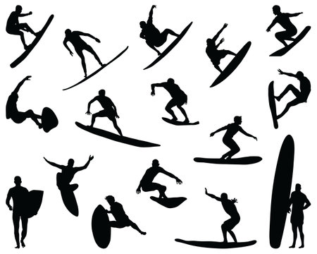 Black silhouettes surfers on a white backgroundのイラスト素材