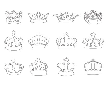 <p>Black illustrations of different crowns on white background</p>のイラスト素材