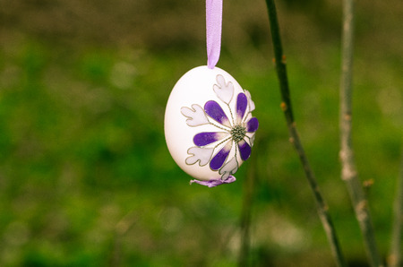 detail of colorful easter eggs on green backgroundの写真素材