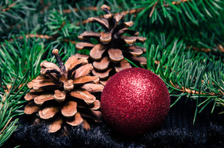 pine cone and red christmas ball over green pine branchesの写真素材
