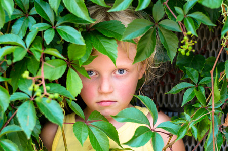 face of beautiful girl in green leaves backgroundの写真素材