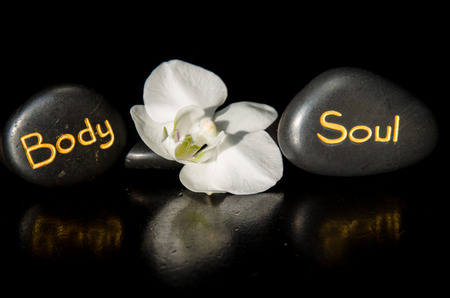 word body and soul written on lava stone and white orchidの写真素材