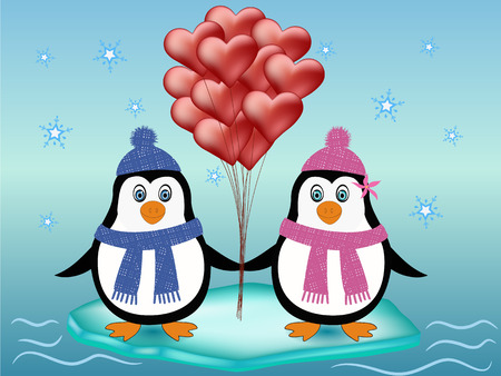 cute penguins with red heart balloons illustrationのイラスト素材