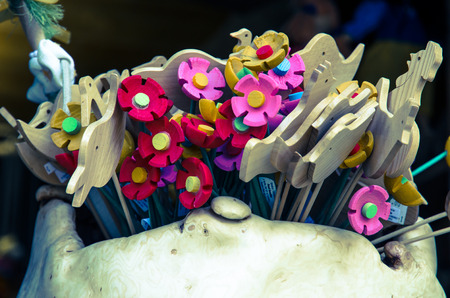 colorful wooden decoration flowers animalsの写真素材