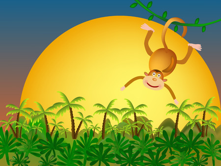 monkey and palms and yellow sunsetのイラスト素材