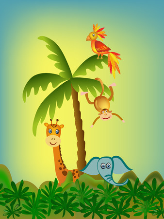 parrot, giraffe, elephant and monkey illustrationのイラスト素材