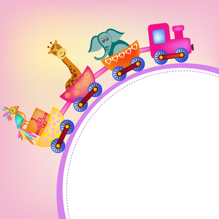 parrot, giraffe, elephant and monkey in train frame illustrationのイラスト素材