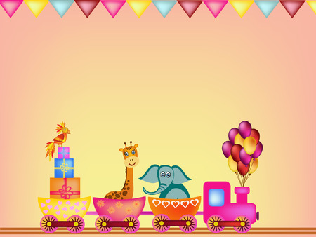 parrot, giraffe, elephant and monkey in train frame illustrationのイラスト素材