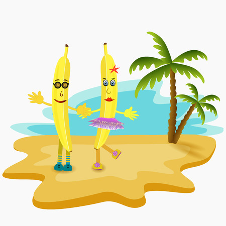 two yellow bananas dancing in the island cartoon illustrationのイラスト素材