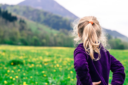 rear view of girl with long blond hair looking into meadowの写真素材