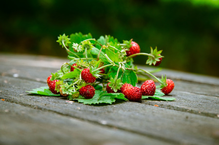 red wild strawberry with green leaves in wooden backgroundの写真素材