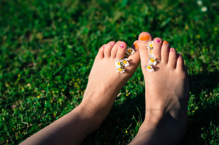 two  child foot with daisy flowerの写真素材